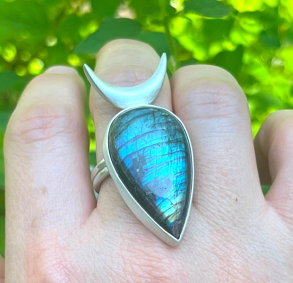 OOAK: Labradorite Ring with Crescent Moon - Size 8