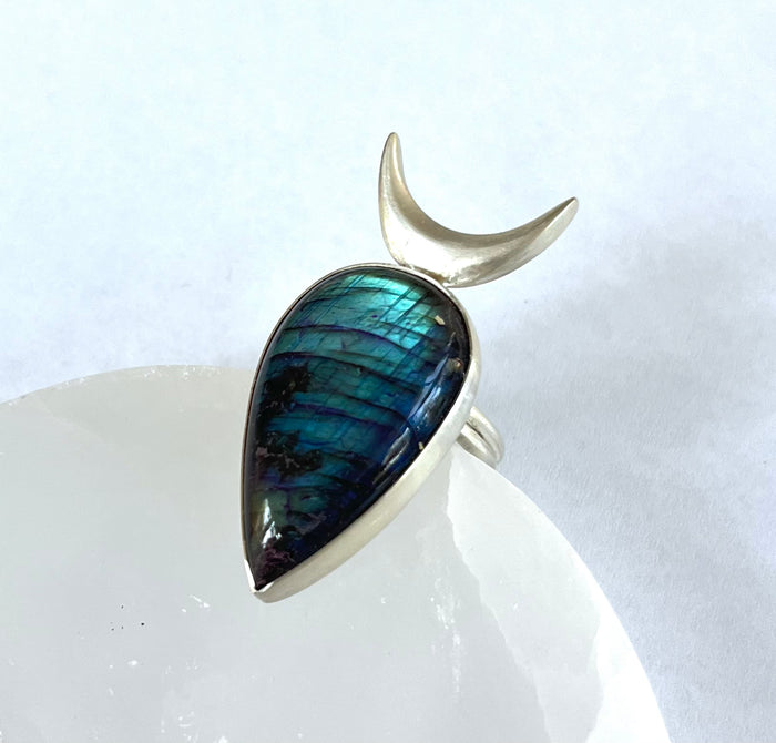 OOAK: Labradorite Ring with Crescent Moon - Size 8