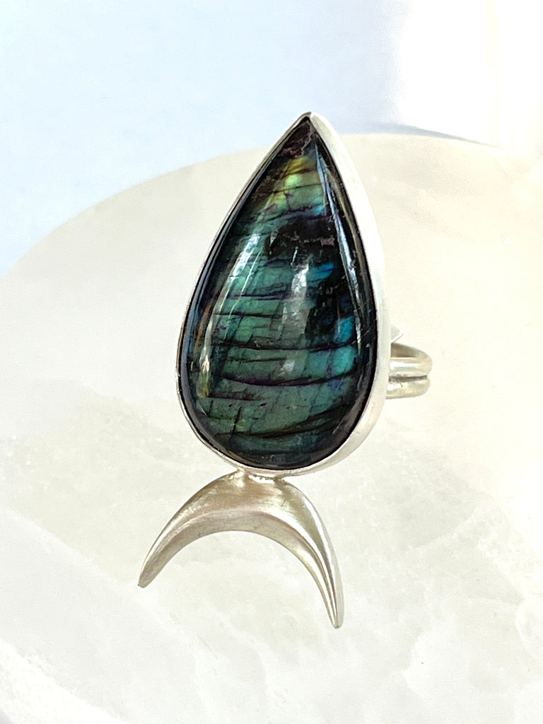 OOAK: Labradorite Ring with Crescent Moon - Size 8